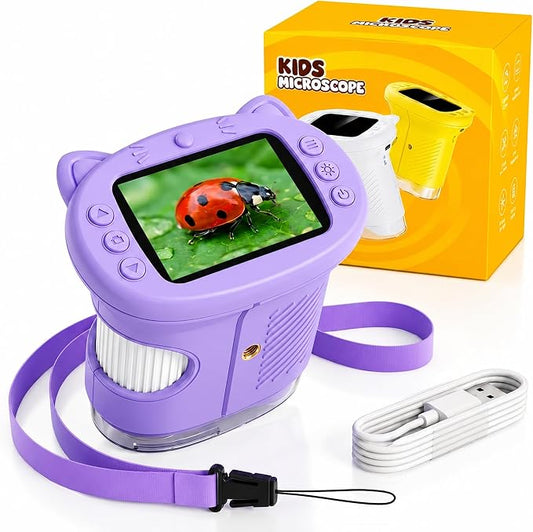 Kids Microscope, 1000X Handheld Digital Pocket Microscope with 2.4" IPS Screen & 8 LEDs, Rechargeable STEM Educational Science Toy for Outdoor Exploration, Gift for Boys Girls Age 4-12, Violet
