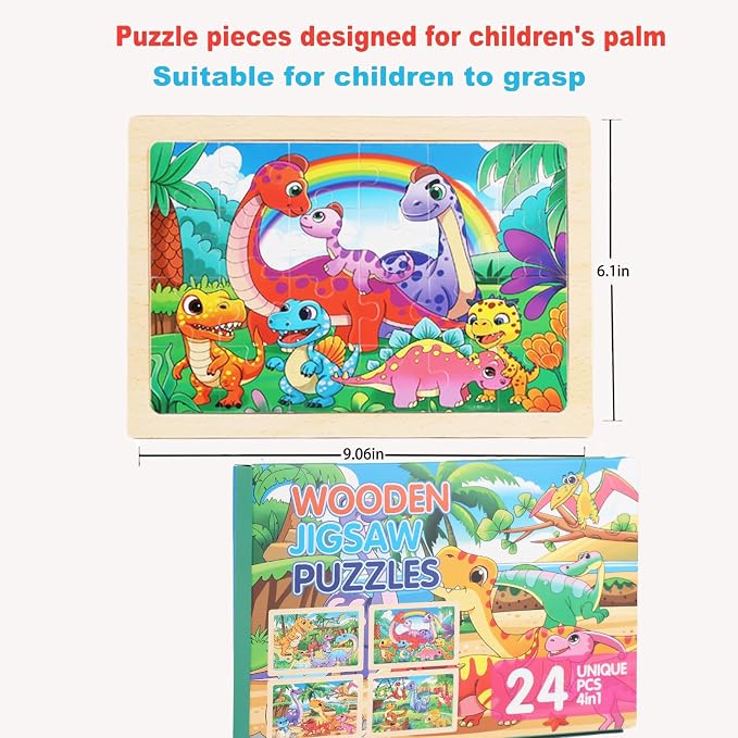 Wooden Puzzles for Kids 3-5, 4 Pack Dinosaur Jigsaw Puzzles for Toddlers, 24 Pieces Preschool Learning Activities, Learning & Educational Puzzles, Gift for Boys, Girls