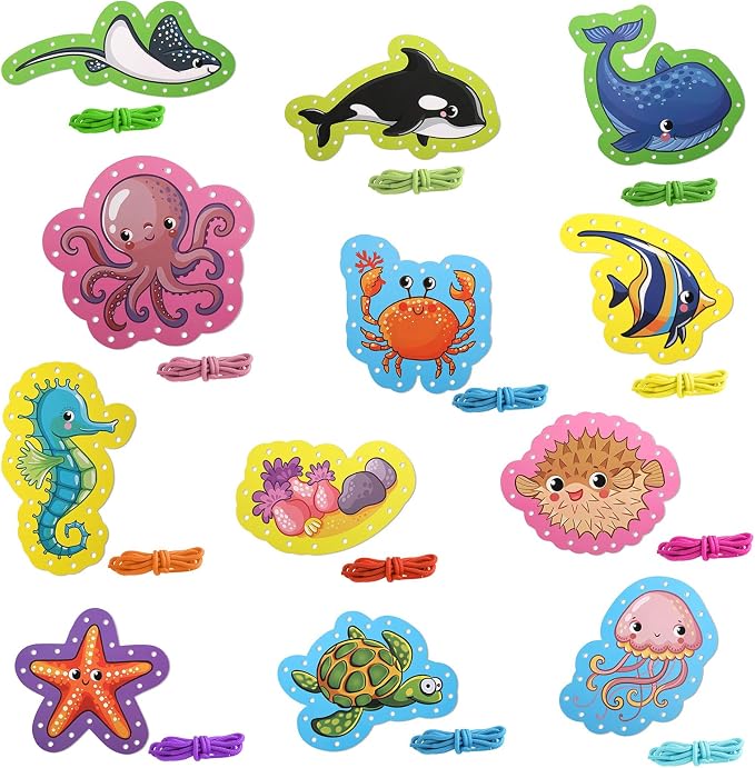NQEUEPN 12pcs Lacing Cards for Kids, Double Sided Sea Animals Sewing Cards with 12 Colorful Laces Thickened Play and Learn Lacing Cards for Children Toddlers Developing Imagination Education Supplies