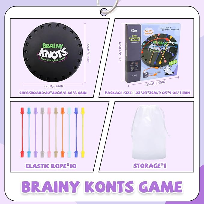 Brainy Knots Rope Untangling Game, 3 Level Logic Puzzle for Kids & Adults | 3 Level Rope Puzzle for Logic, STEM Learning, Screen Free Family Play, Travel, Classrooms & Gifts; Storage Bag Included