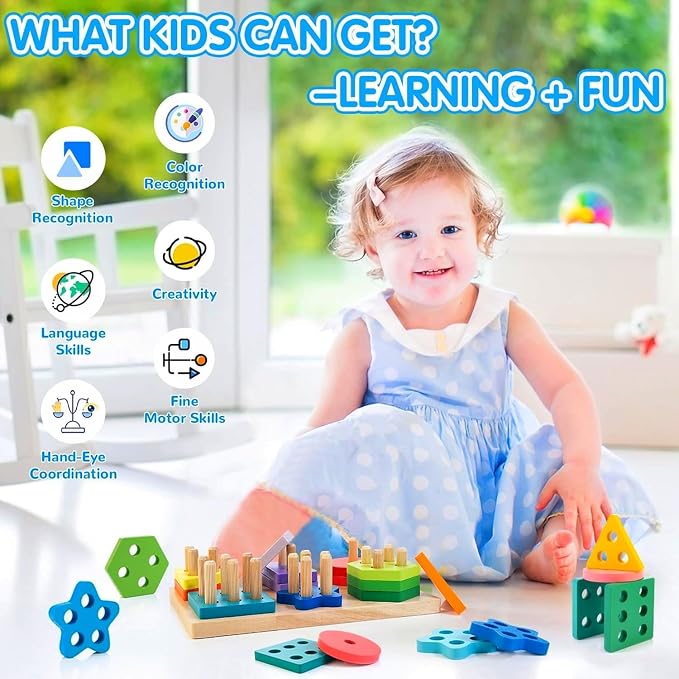 Wooden Sorting & Stacking Toys, Montessori Toys for 1 2 3 Years Old Toddlers, Shape Sorter Puzzles with 24-Piece Large Geometric Blocks & 12 Word Cards, Gift for 12+ Months Baby Boys Girls