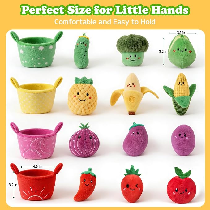 SAIMAND Baby Toys 6-12 Months,16PCS Montessori Plush Sensory Play Food Gift | Color Sorting Fruit & Vegetable Sensory Toys for Babies, Soft Play Food with Crinkle & Rattle,Gifts for 1-Year-Old Boys&Girls