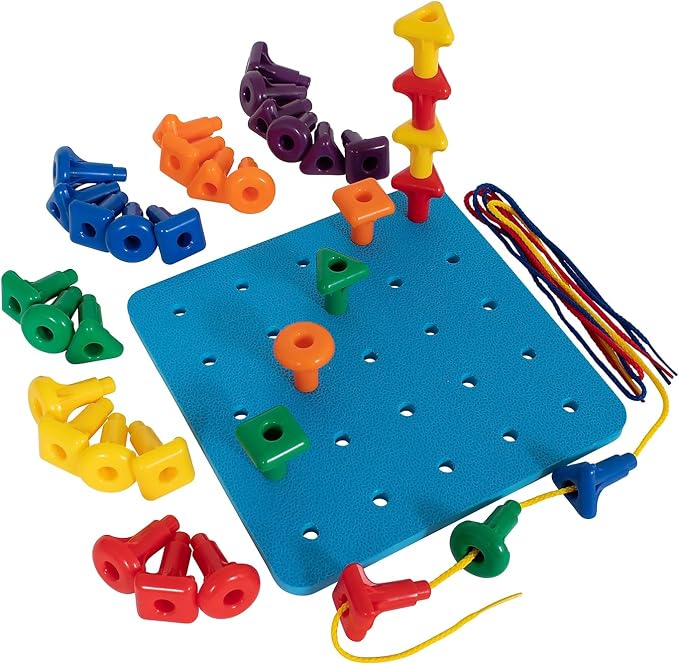 edxeducation Geo Pegs and Peg Board Set, 36 Pegs, 3 Shapes & 3 Laces | 6 Colors, Ages 18m+, Homeschool Supplies for Preschool Activities