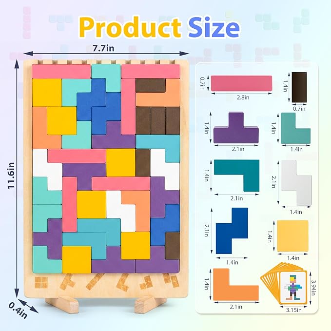 Wooden Montessori Brain Blocks, Quick-Reset Pattern Bag, Gift 3+ | 2-in-1 Building & Puzzle Game, 9 Shapes, 20 Challenges, Instruction Guide, Screen-Free, Educational Play