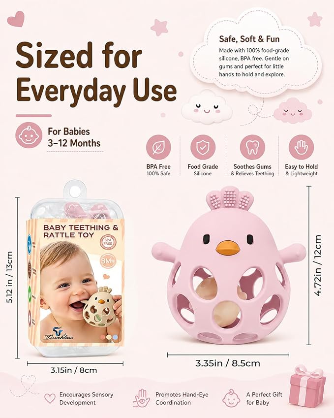 Tinabless Baby Teether Rattle Toys, 2-in-1 Easy Grip Silicone Teething for Babies 3-12 Months, BPA-Free Sensory Chew Toy for Sore Gums, Infant Gift (Pink w/Rattle)