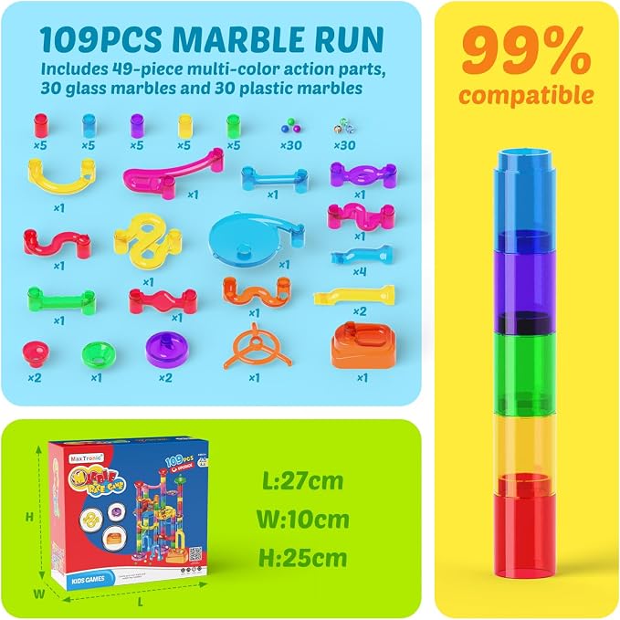 MaxTronic Marble Run Kit for Kids,Upgrade Marble Maze Kit 16mm Marbles 109pcs Building Blocks STEM Learning Toys Christmas Birthday Gift for Kids Aged 3-12