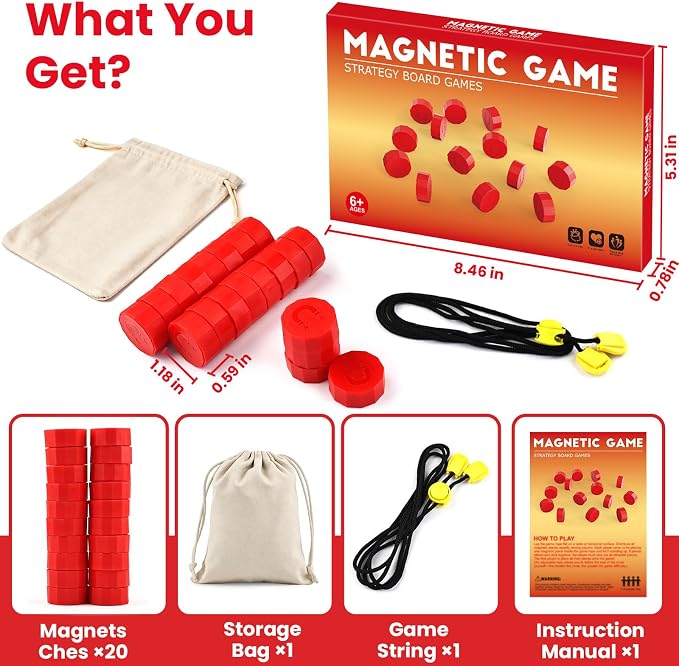 LLESSOO Magnet Game with String, Fun Strategy Board Games for Kids 8-12 and Adults, Magnetic Game for Family Night, Party & Travel, Includes 20 Chess Pieces, Rope and Storage Bag