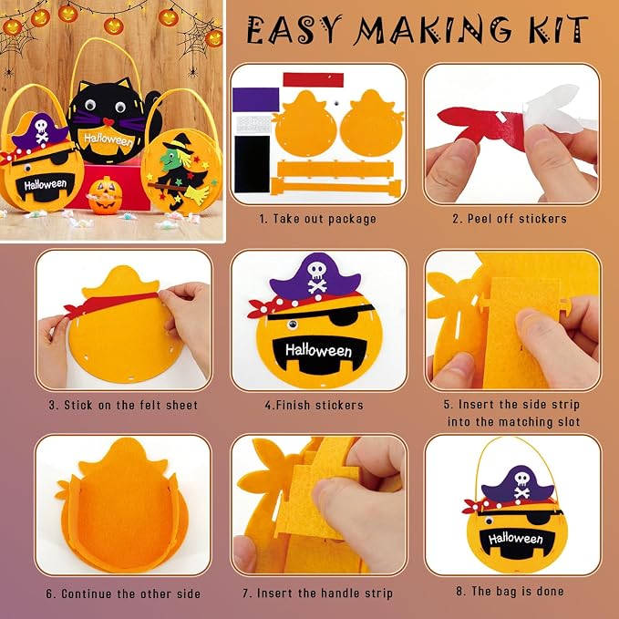 6 Set DIY Trick or Treat Bag Kit, Make Your Own Halloween Candy Bags Goodie Bags, Felt Craft with Stickers for Kids Halloween Party Favors
