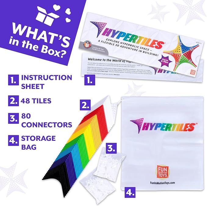 HyperTiles Hyperbolic Building Toy - 3" x 3" STEM Educational 3-Dimensional Adventure: 48 Tiles & 80 Connectors for Logic & Creativity - Infinite Shapes that Flex and Hinge - by Fun In Motion Toys