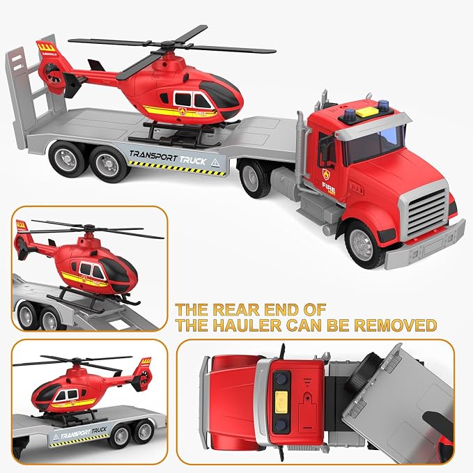 DOWELLIN 22" Semi Fire Truck Toy with Helicopter for Kids Toddlers - Fire Police Trucks Car Toys, Birthday for Boy Girl Child 3 4 5 6 7 Years Old