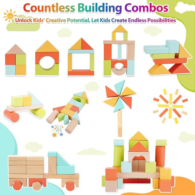 FCSONU Wooden Building Blocks for Toddlers 1-3, 100Pcs Kids Wood Blocks Set | Wooden Blocks for Toddlers 3-5, Montessori Building Toys&Stacking Toys, Easter Christmas 1st Birthday Gifts for Boy Girl Baby
