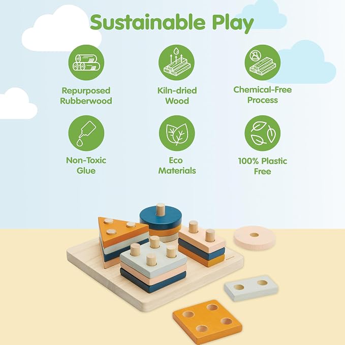 PlanToys® Geometric Sorting Board Orchard Shade, Montessori Kids Shape Toy | geometric sorting board orchard shade, montessori shape size colour learning, fine motor problem solving activity, kids toy