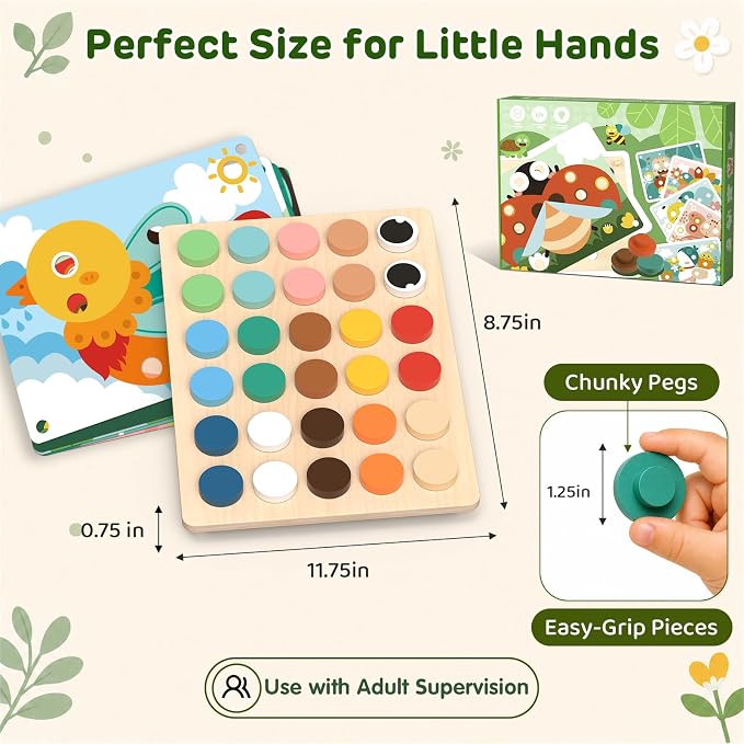 Montessori Wooden Button Art Learning Toy for Toddlers 1 2 3+ Year Old | Color Matching Board with 16 Animal Pattern Cards & 30 Wood Pegs, Educational Fine Motor Skills Activity for Preschool Kids