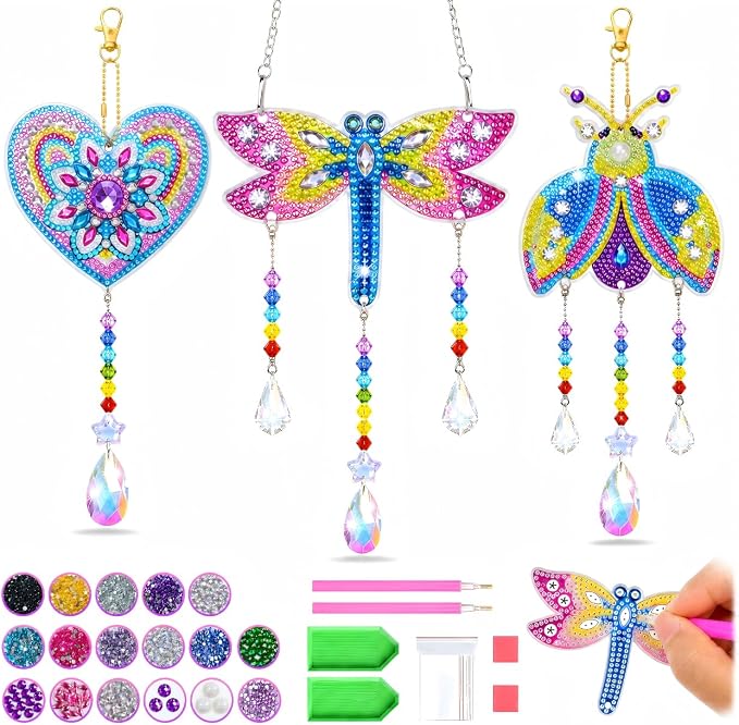 Diamond Art for Kids 8-12, 3 PCS Diamond Art Painting Sun Catcher for Girls | Arts and Crafts for Kids Ages 8-12 with 3 Gem Art Boards&Crystal Pendants, Gifts for Teen Girls, Garden/Home/Classroom Decor