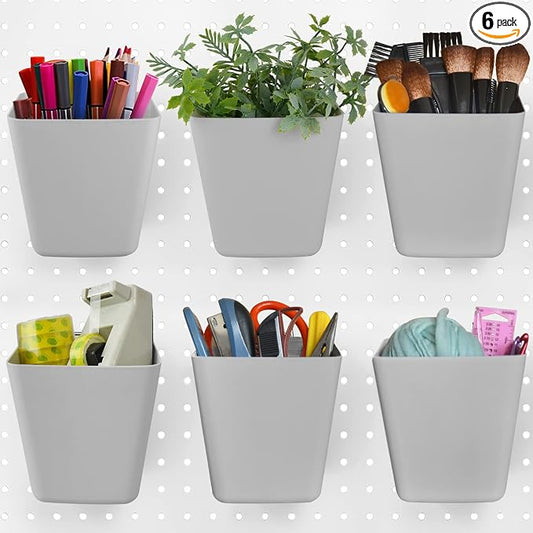 Large Pegboard Cups, 6Pack Peg Board Square Storage Bins With Hooks (Grey) | Big Open-Mouth Cups, 1/8" 1/4" Pegboard Organizer Accessories, Cup Holder for Craft Garage Workbench Office Tools Supplies