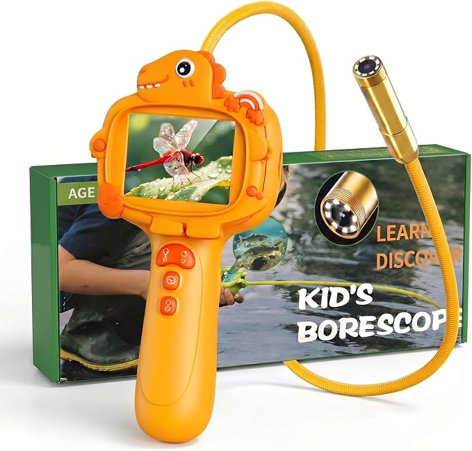 Kids Borescope Camera with Light-STEM Science Educational Toy for 3 4 5 6 7 8 Years Old Boys & Girls Birthday Gift-Discovery & Exploration Flexible Snake Scope Battery (Orange Dinosaur)