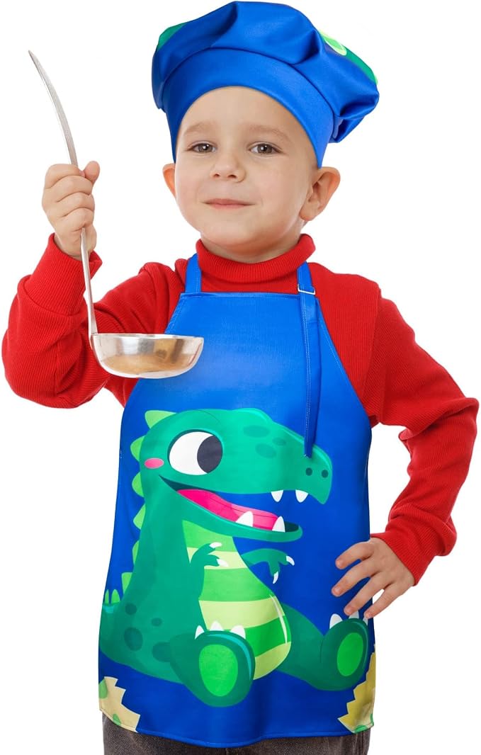 R HORSE 2 Pieces Kids Apron and Chef Hat Set, Dress up Role Play Chef Toy | Adjustable Blue Dinosaur Kitchen Apron Set, Ideal for Cooking, Baking, Painting, and Training, Birthday New Year Cooking Gift