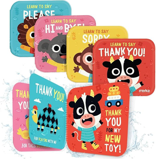 merka Baby Bath Books for Toddlers, 4 Pack Waterproof Bathtime Books, Bath Toys Floatable in Bathtub, Learn to Say Thank You, Sorry, Hi Bye, Please