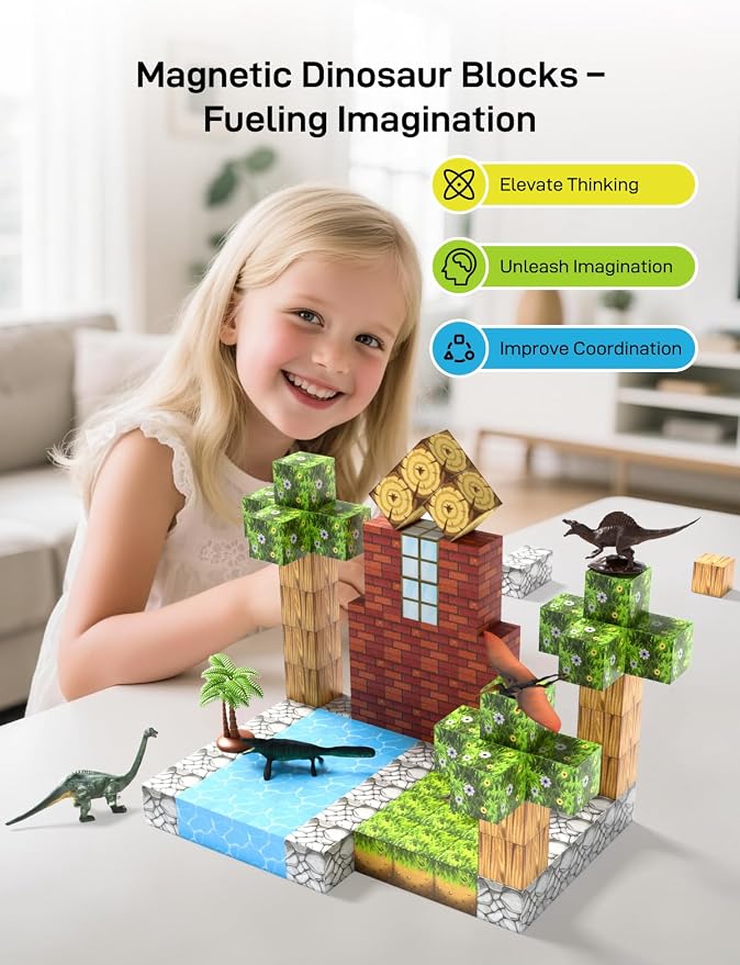 Veecafiodi Magnetic Blocks 108PCS, Dinosaur Magnetic Building Blocks with 6 Dinosaur Figures, Magnetic Blocks for Kids Ages 3-5, 4-8, STEM Construction Toy
