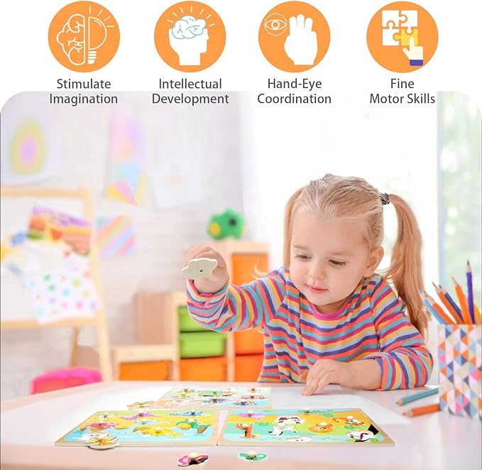 WOOD CITY Toddler Puzzles and Rack Set, Wooden Peg Puzzles Bundle with Storage Holder Rack, Educational Knob Puzzle for Kids Age 3 4 Years - Alphabet Number Shape Dinosaur Animal Vehicle