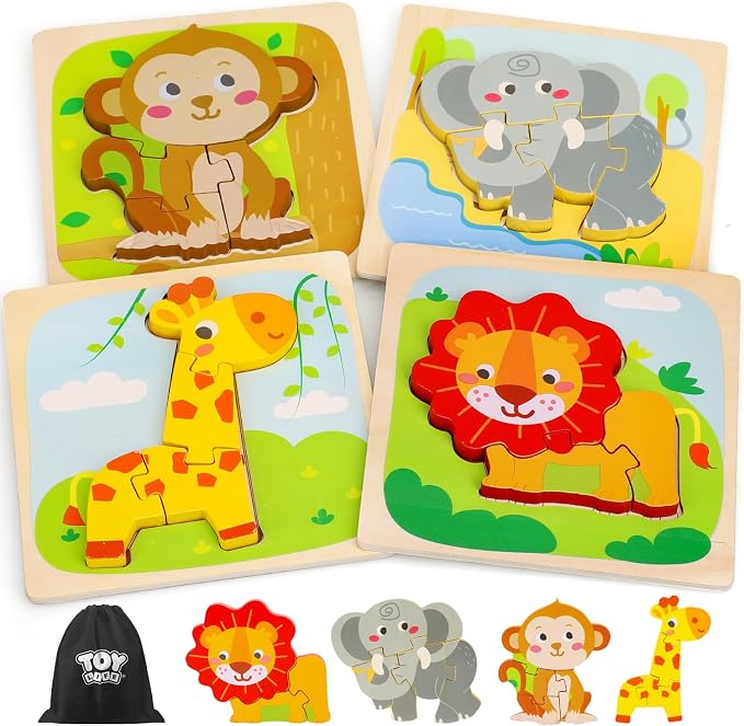 TOY Life Wooden Puzzles for Toddlers 2-4, Montessori Toys for 1 2 3 Year Old Boys Girls, 4 Piece Animals Puzzles Educational Learning Toys, Birthdays Gifts Toy for 2 Year Old Girl Boy