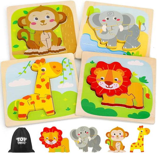 TOY Life Wooden Puzzles for Toddlers 2-4, Montessori Toys for 1 2 3 Year Old Boys Girls, 4 Piece Animals Puzzles Educational Learning Toys, Birthdays Gifts Toy for 2 Year Old Girl Boy