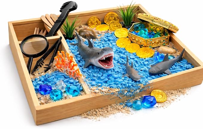 Shark Sensory Bin Kit for Kids - Ocean Sensory Play Kit with Wooden Storage Box, Moldable Sand, Sharks & Treasure Chest - Montessori STEM Learning Toy, Shark Gifts for Boys & Girls Ages 4-8