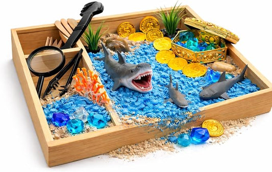 Shark Sensory Bin Kit for Kids - Ocean Sensory Play Kit with Wooden Storage Box, Moldable Sand, Sharks & Treasure Chest - Montessori STEM Learning Toy, Shark Gifts for Boys & Girls Ages 4-8