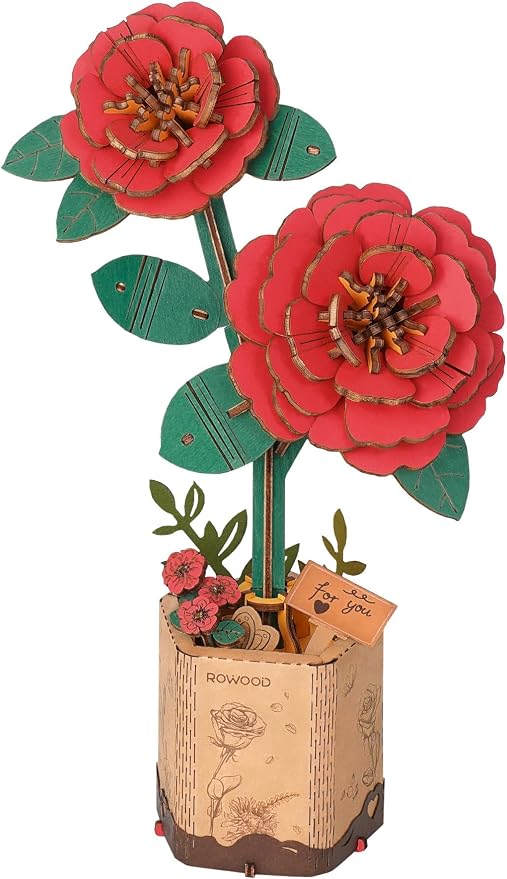rowood 3D Puzzle,Mother's Day DIY Wooden Flower Craft Kit Building Set,Botanical Collection Home Decor, Valentine's Day/Teacher's Day/Christmas/Birthday Gift for Mom/Women/Grandma-Red Camellia