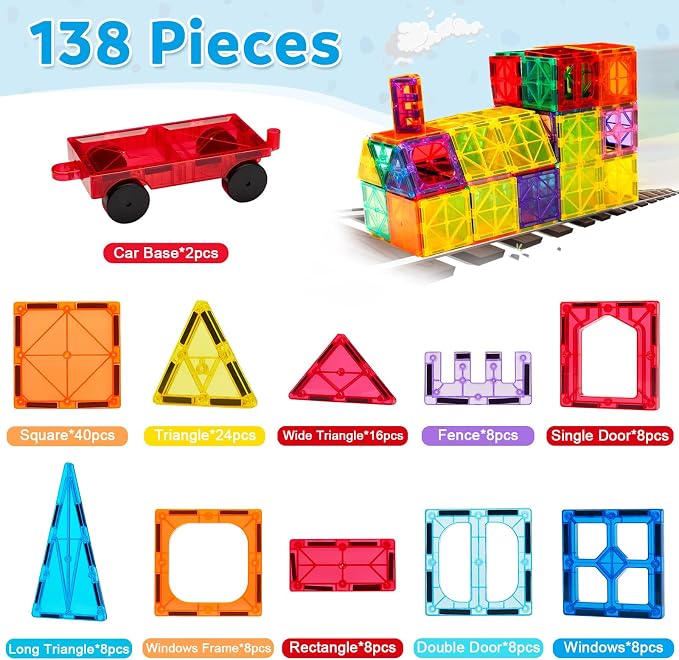Ryoichi 138PCS Magnetic Tiles Set with 2 Cars for Kids Ages 3-9+ Years | STEM Educational Construction Building Blocks & Montessori Learning Toys