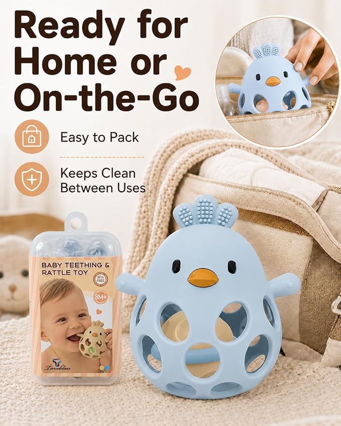 Tinabless 2-in-1 Baby Teething Rattle Toy, Easy Grip Silicone Teether for Babies 3-12 Months, BPA-Free Sensory Grasping Chew for Sore Gums, Infant Shower Gift (Blue w/Rattle)