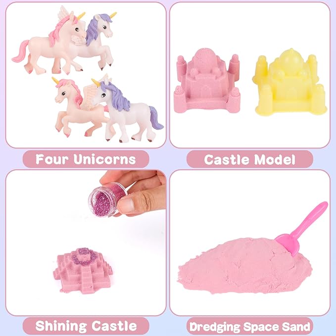 Volmop Unicorn Sensory Bin for Girl, 148pcs Play Sand Art Kit with Sandbox, 3.3lb Color Sand,Unicorn Tactile Sensory Toy for Girl Toddler Ages 3-8