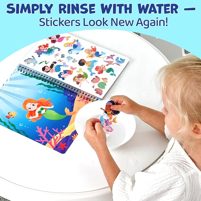Reusable Sticker Book for Girls - Mermaid Princess Dress Up, 75 Stickers | 75 Washable Jelly Stickers, 7 Play Scenes, Mermaid Travel & Road Trip Toys, Sticker Activity Book for Toddler 1-3 & 2-4