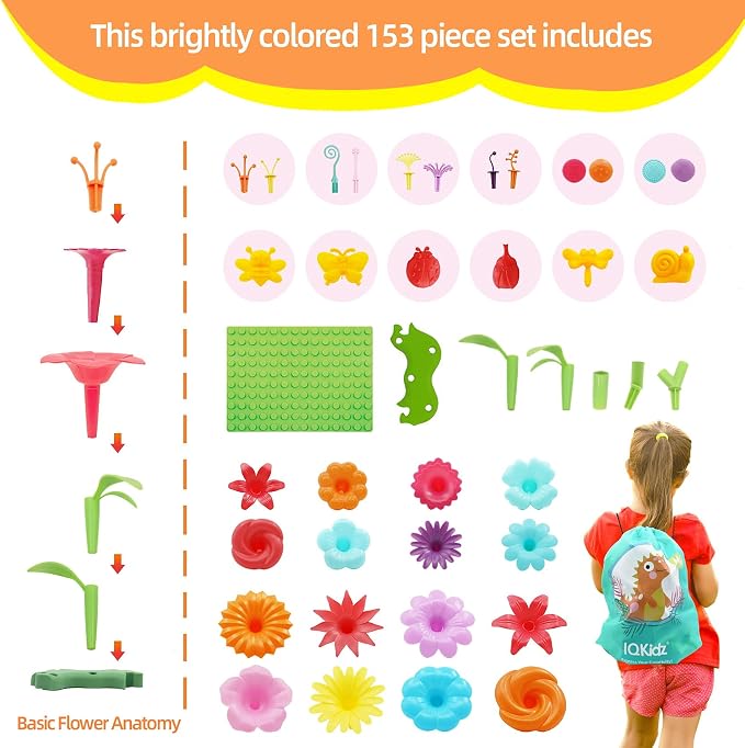 IQKidz 3-6 Years Old Toddler Toys - Flower Garden Building Toy with Insect Pegs, Educational Activity Gifts for Girls Preschool-Kindergarten, 153Pcs STEM Stacking Pretend Play Set