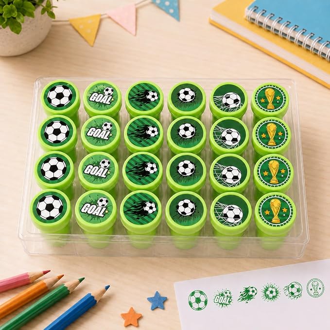 Cinrobiye 24 Pcs Soccer Sports Stampers for Kids, Pre-Inked Football Party Favor Set, Sports Birthday Party Supplies, Classroom Rewards, Goody Bags, Piñata Fillers