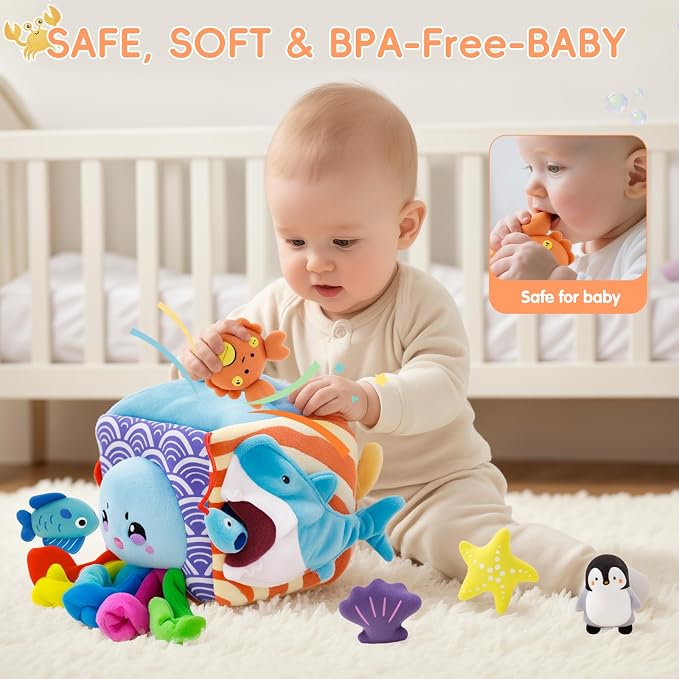 Baby Toys 6-12 Months, Montessori Sensory Toys with 5 Plush Sea Animals | Soft Mystery Box with Crinkle,Squeaky,Rattle & Mirror for Fine Motor Play & Multi-Sensory Learning,Gifts for Infants & Babies