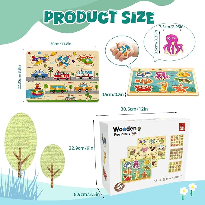 Wooden Peg Puzzles for Toddlers 2-4, 6 Pack Educational Peg Puzzles Montessori Toys, Learning Puzzles for Kids Girs Boys 1-3 3-5 with Alphabet Number Animal Vehicle Shape