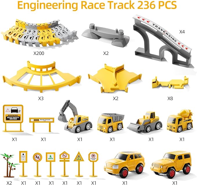 iHaHa Toddlers Construction Race Tracks Toys Gifts for 3 4 5 6 Years Old Boys Kids, 2PCS Electric Race Cars & 4 PCS Construction Trucks, Birthday Gift Toys for Boys 2 3 4 5 6+