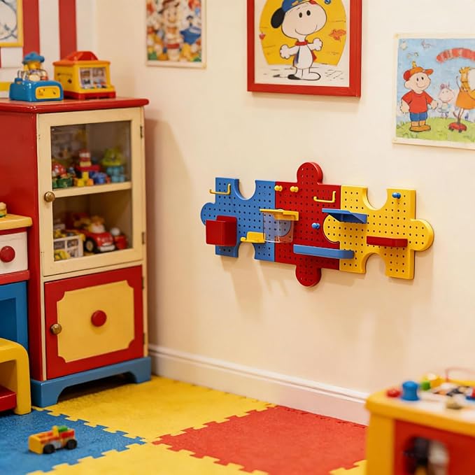 Pegboard Wall Organizer, Puzzle Modular Plastic Storage System with Hooks Shelves Boxes, Colorful Red Yellow Blue, 33.1 x 9.4 Inches, Wall Decor for Entryway Home Office Kids Room Craft Area