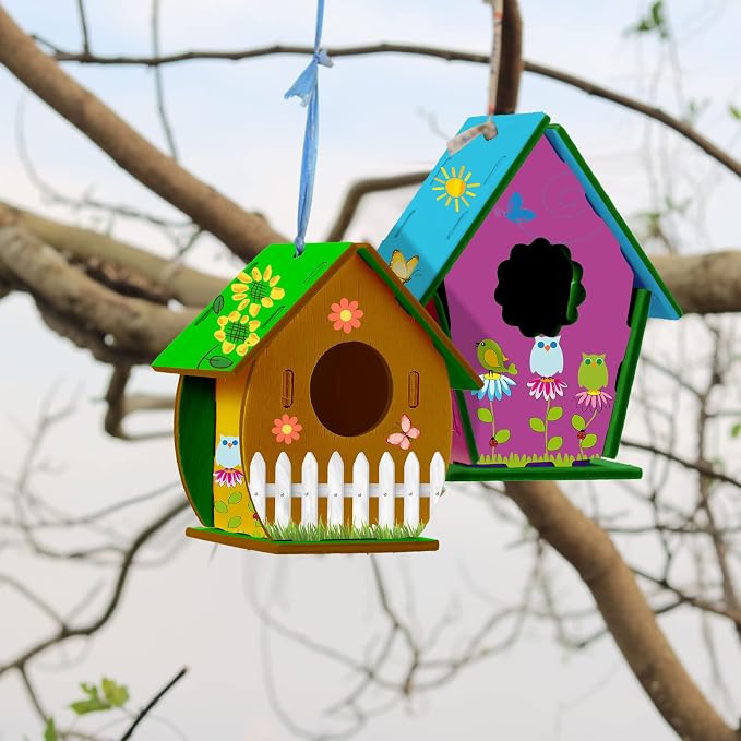 Sawysine 107 DIY Birdhouse Kits, Wooden Bird House Multiple Entrance | 48 Wooden Bird House Kits in 6 Shapes and 57 Butterfly Sticker for Children Fall Craft Activity Art DIY Project
