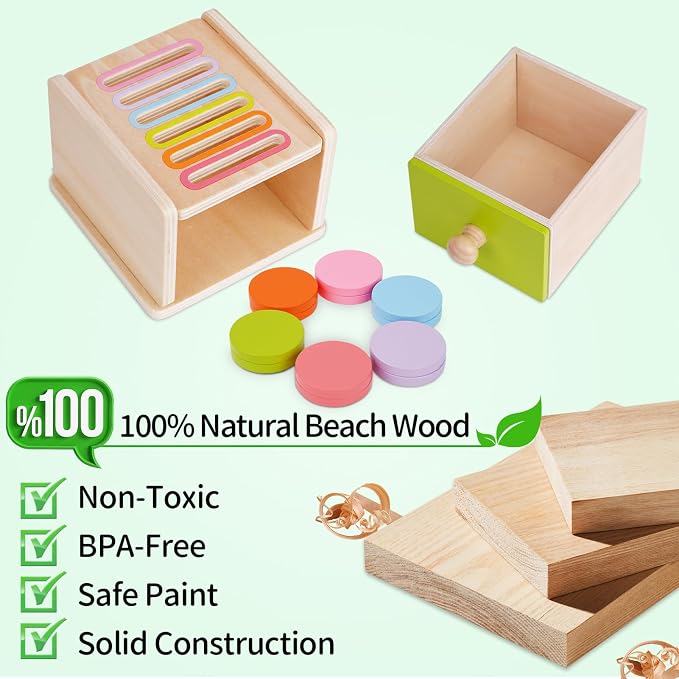FCSONU Toddlers Montessori Coin Box Toys for 1 2 3 Year Old Boys Girls Baby | Wooden Baby Toys|Fine Motor Skills Toys, Kids Learning Color Sorting & Stacking Sensory Toys, Easter Christmas Birthday Gifts