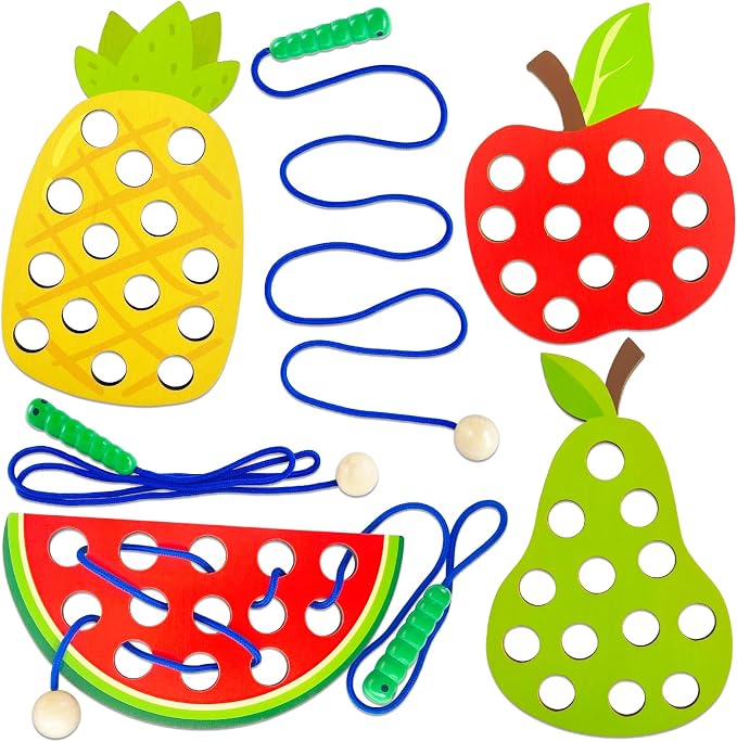 Woozettn 4 Pack Wooden Lacing Threading Toys, Fine Motor Skills Educational Puzzles, Wooden Fruit Threading Set Sorting & Stacking Toy for Toddlers Kids Ages 3–5
