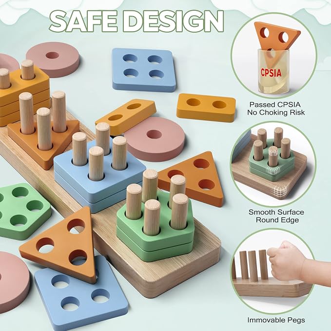 Montessori Toys for 1 2 Year Old Boy Girl, Toddler Toys Wooden Shape Sorter | Birthday Gifts for Age 12-18 Month, Baby Sorting Stacking Toys Color Stack Blocks Puzzles, Preschool Kids Learning Toys Game