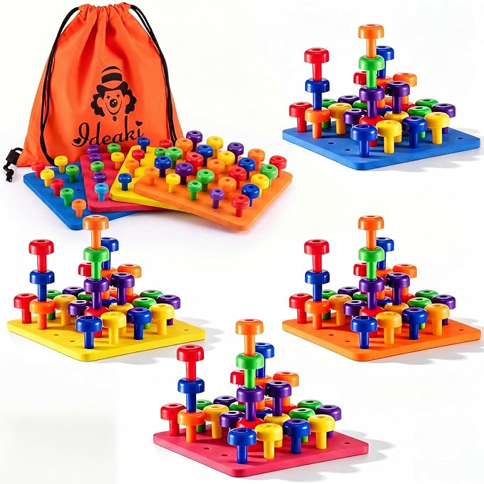 Toddler Peg Boards Montessori Stacking Toys,Red,Yellow,Blue,Orange | 120 Pcs Pegs with 4 Foam Boards & Storage Bag Kids Fine Motor Skills Educational Toy for Home Preschool