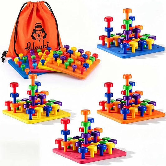 Toddler Peg Boards Montessori Stacking Toys,Red,Yellow,Blue,Orange | 120 Pcs Pegs with 4 Foam Boards & Storage Bag Kids Fine Motor Skills Educational Toy for Home Preschool