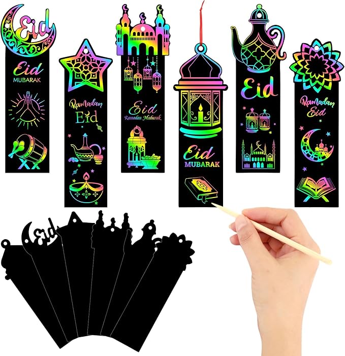 JUNEBRUSHS 30Pcs Ramadan Crafts, Rainbow Magic Ramadan Scratch Bookmarks for amadan Gifts Eid School Classroom Activities Ramadan Arts and Crafts Eid Party Favors