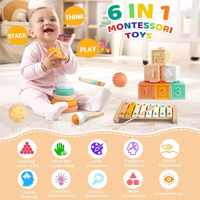 6-in-1 Montessori Baby Toy Set with Musical Instruments Toddler Baby Gift | Wooden xylophone with 2 sticks, maraca and clarinet; 6 soft blocks, 5 stacking rings, 3 sensory balls; music and sensory play