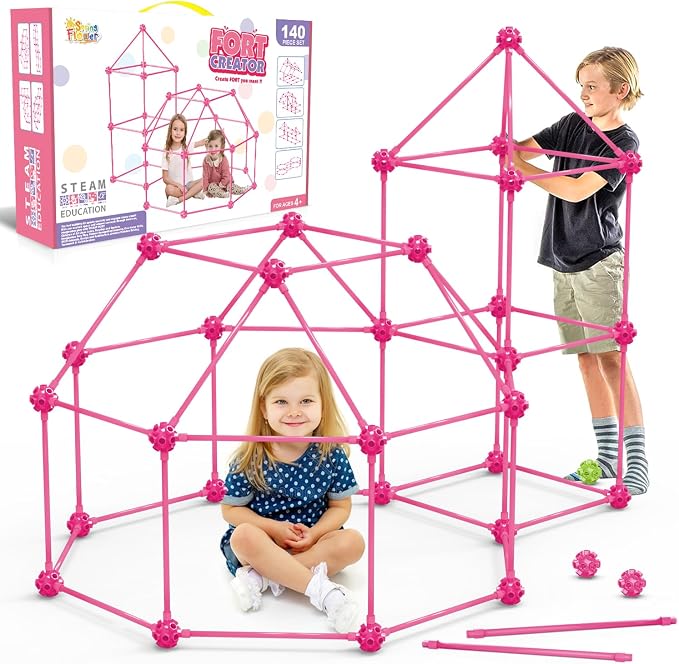 SpringFlower Fort Building Kit for Kids,STEM Construction Toys, Educational Gift for 4 5 6 7 8 9 10 11 12 Years Old Boys and Girls,Ultimate Creative Set for Indoor & Outdoors Activity,140 Pcs,Pink