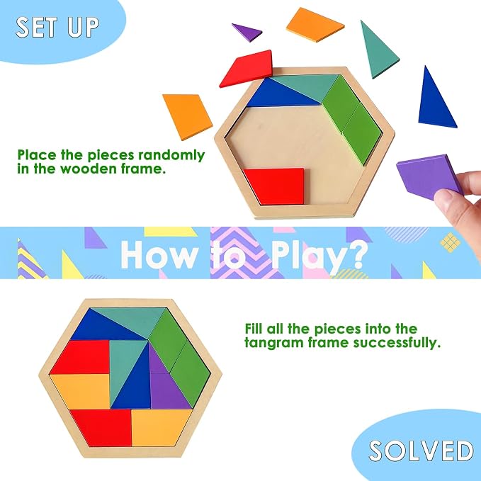 KINGOU Wooden Hexagon Puzzle Tangram for Kids and Adults, 12 Large Pieces Montessori Geometric Shape Brain Teasers, STEM Logic Game Learning Toy, Creative Desktop Coffee Table Travel Puzzle Gift