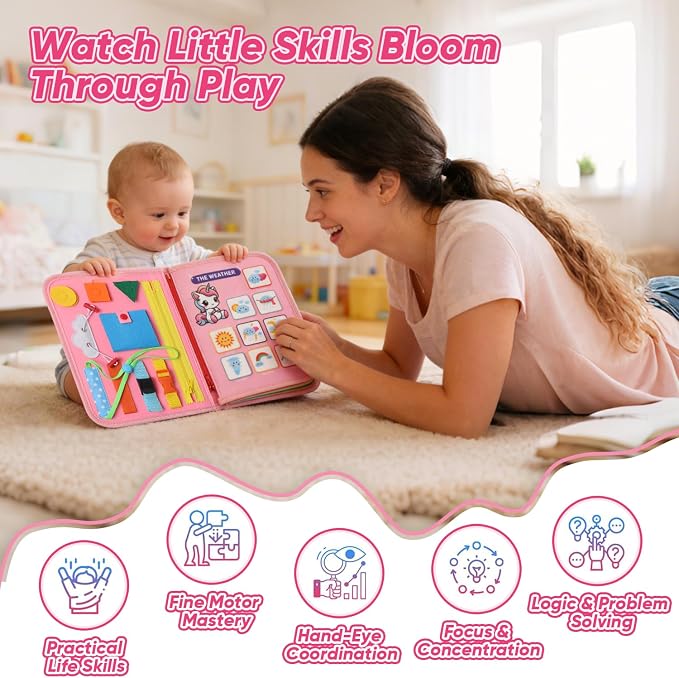 Unicorn Busy Book for Toddlers Ages 1-3, Educational Montessori Toys | 8-in-1 Educational Activity Board Sensory Travel Toy